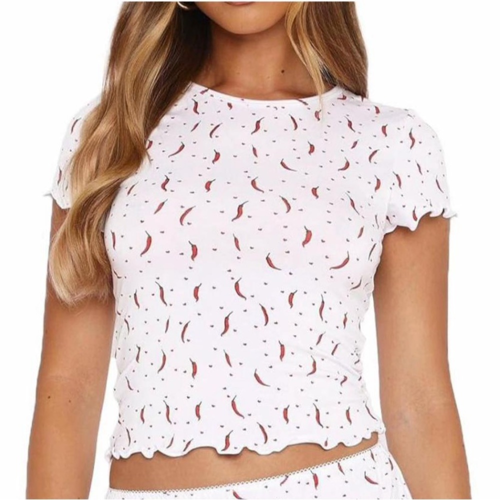 White‎ Fox Chili Pepper Heart Ruffle Hem Top size XXS